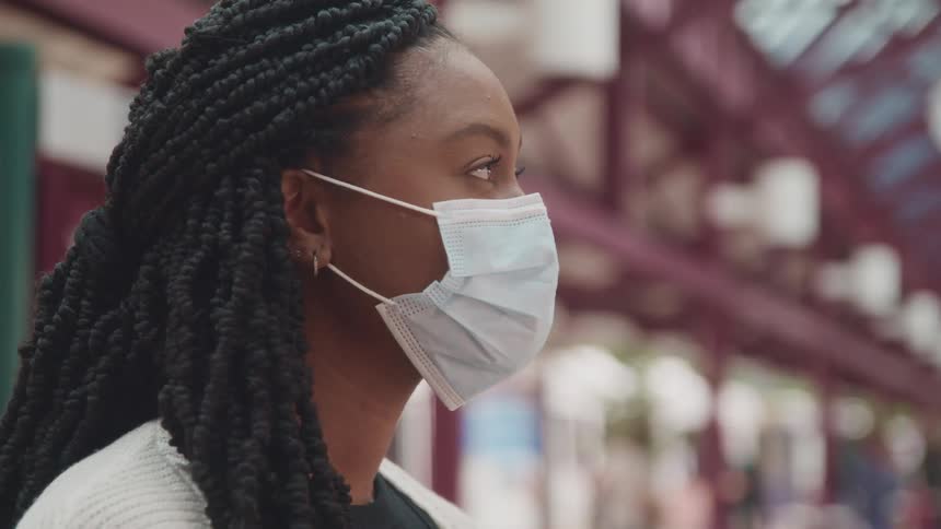 Woman wearing a surgical face mask on the street