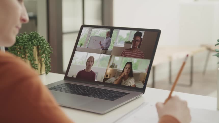 Coworkers are working over virtual conference on the computer