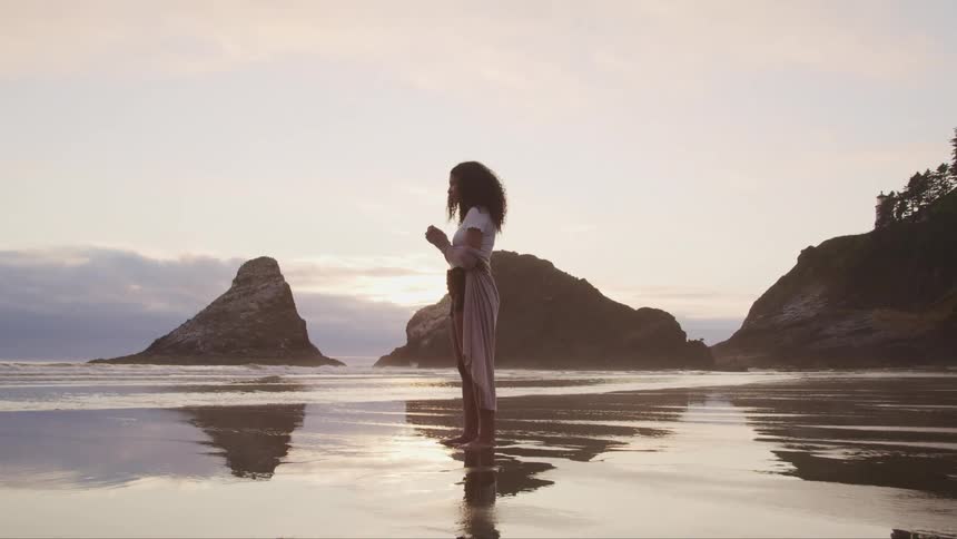 A woman is standing in the wet sand on a cloudy day