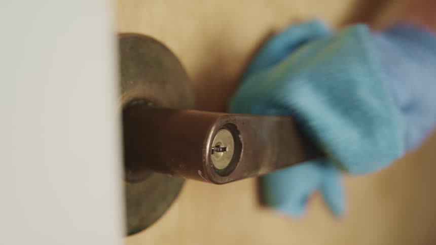 Person wearing gloves wipes door handle with microfiber cloth