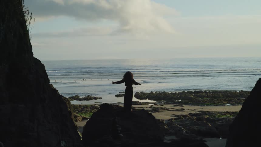 A silhouette of a woman standing on a boulder on the beach with the ocean sky and clouds in the background