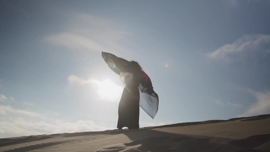 A silhouette of a woman with a dress and veil standing on sand with the sky and clouds in the background