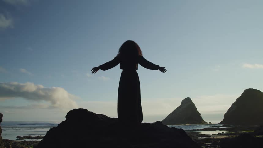 Silhouette of a woman wearing a black dress standing on the rocks on the coast of a beach at evening