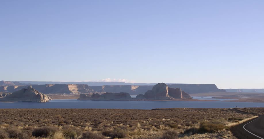 The highway runs past the lake ahead