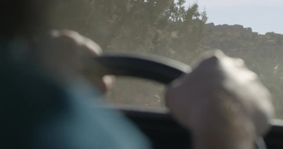 A man drives along the country side