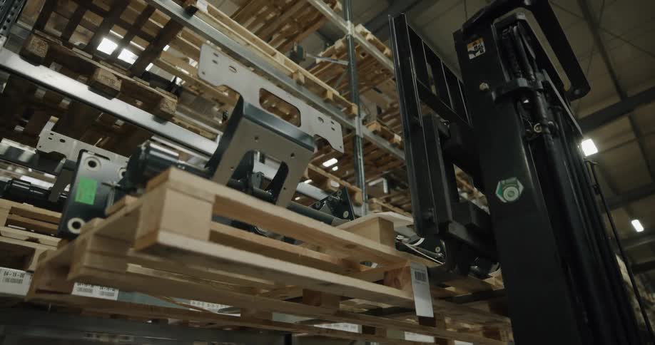 Black forklift lowers machinery on pallet in warehouse