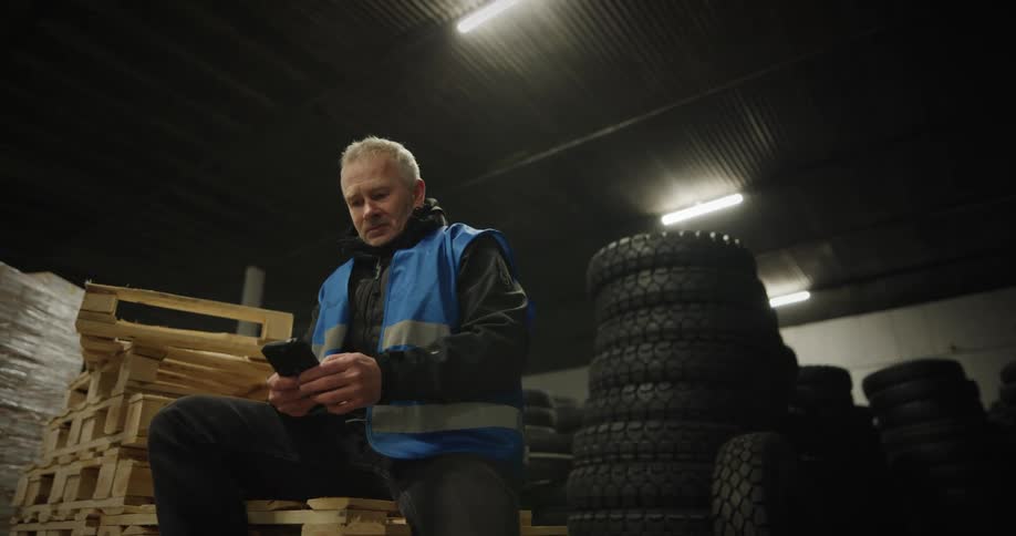 Warehouse worker sitting over a wooden pallet texting on his smartphone