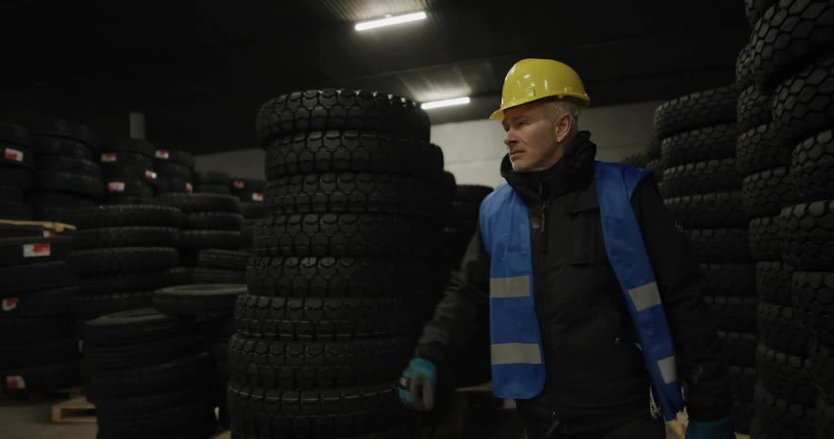 A man with a vest and a hardhat in a warehouse with tires