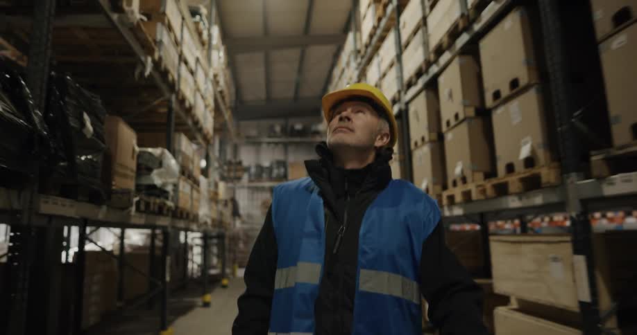 Warehouse worker wearing yellow hardhat walking between tall aisles