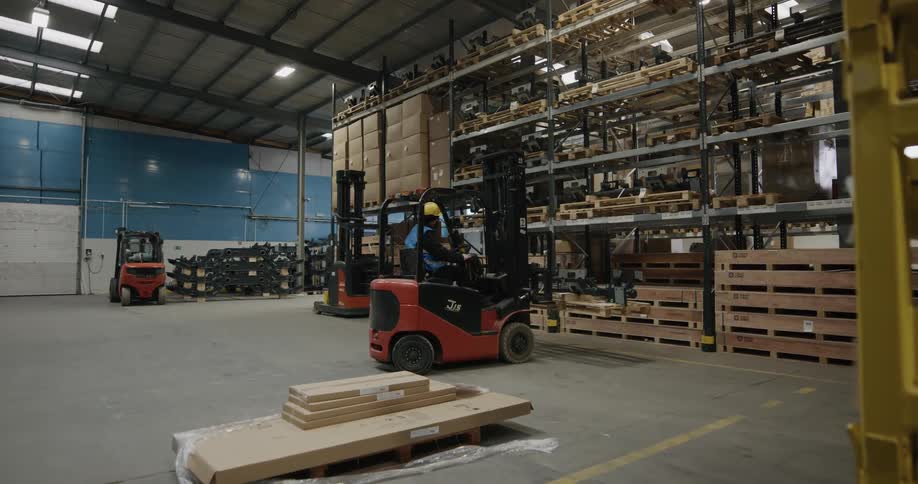 A man with a vest and hardhat operating a forklift in a warehouse