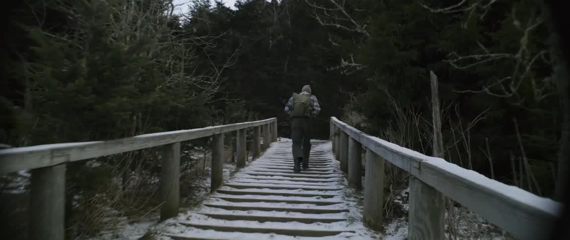 A hiker climbs up snowy stairs in a forest