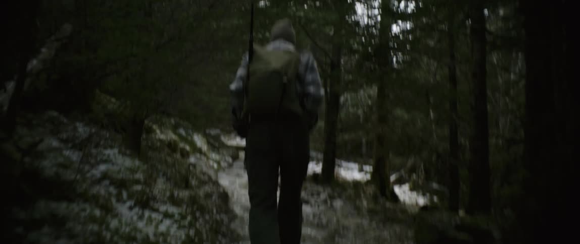 A man walks through the woods