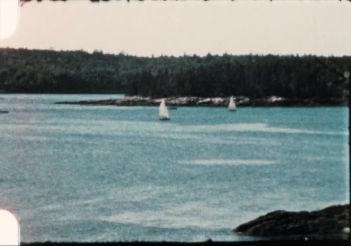 Boats sailing on the calm waters of a lake caught on vintage film