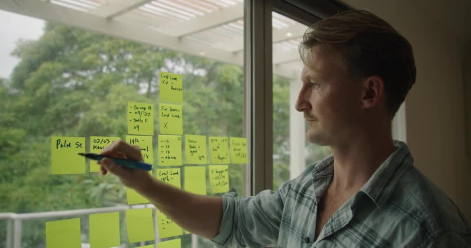 A man that is writing things on notes on a window