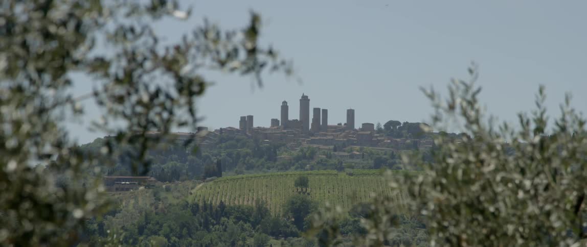 A field sits before a city on a hill