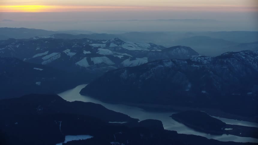 A glacier fjord at blue hour sunset curving pleasing away from the camera in this high altitude aerial