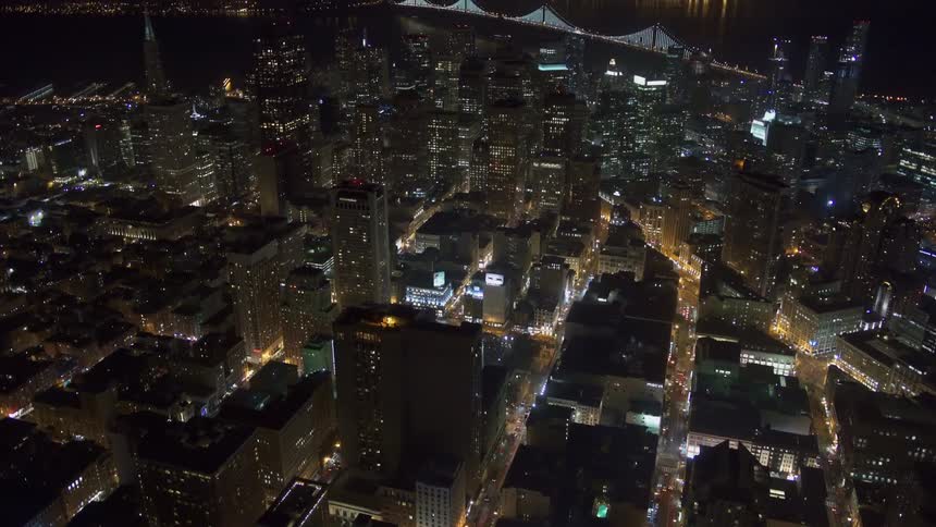 An aerial view of a city at night