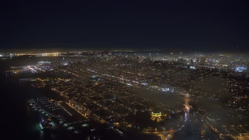 Aerial view of the citys downtown skyline lights at night