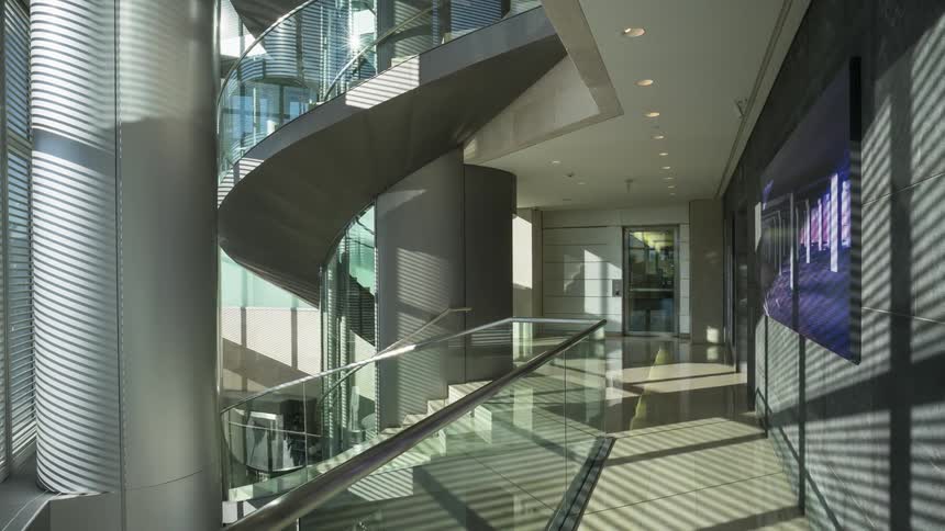 The office building is empty on a sunny day