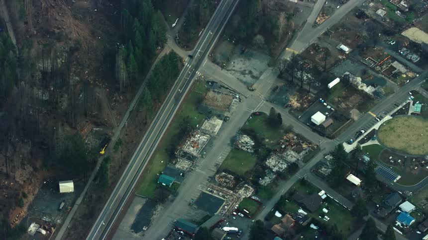 An aerial view of a small city area