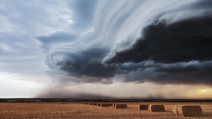 A grassy field with bales of hay with the sky and clouds in the background