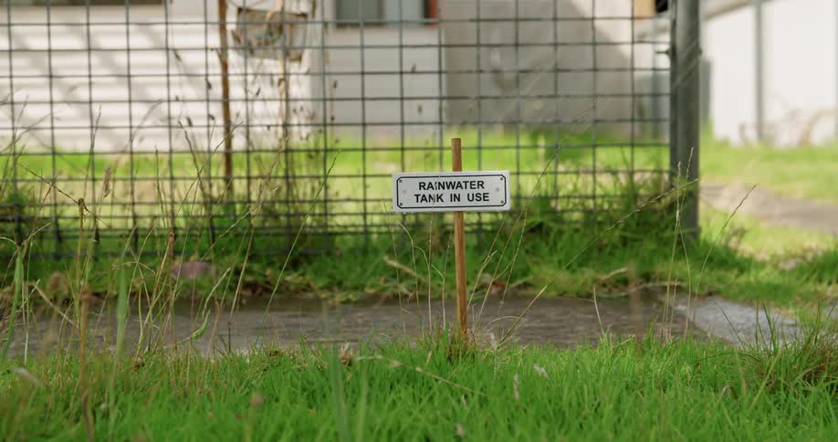 A sprinkler waters grass in front of a house with a sign stating that rainwater is in use