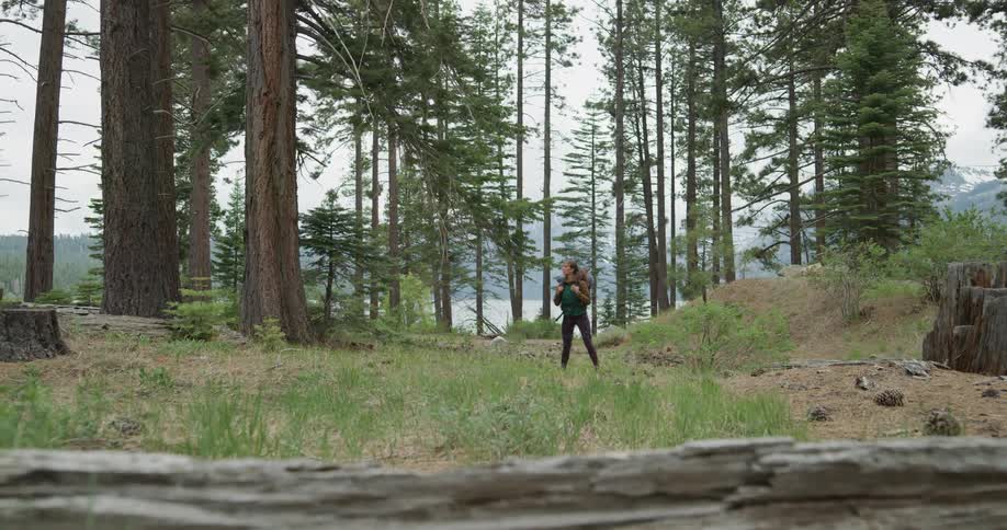 Woman wearing a backpack walking on a trail through the pine tree forest near a lake