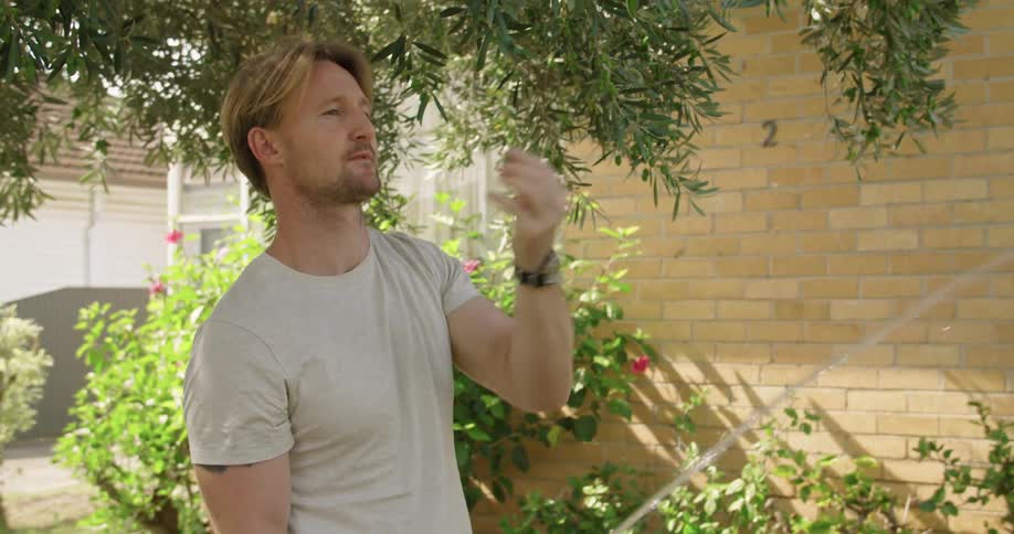 A man standing outside his home waters a tree and then reaches up and picks a berry off of it and eats it