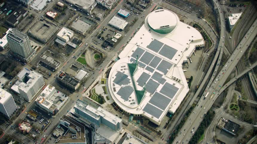 Looking straight down on the Oregon Convention Center and the Lloyd District in downtown Porltand Oregon