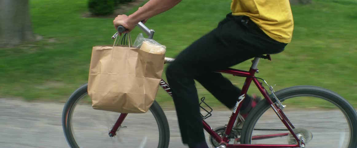 A person riding a bike with a brown paper grocery bag on the handle with grass and trees in the background