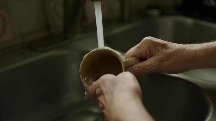 A person that is rinsing out a mug