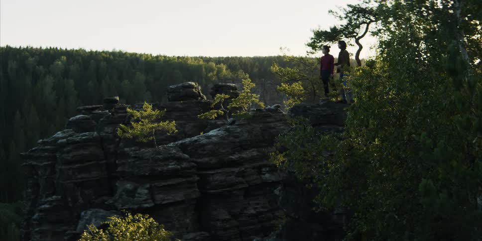 Two people walk to a cliff on a hill with surrounding trees