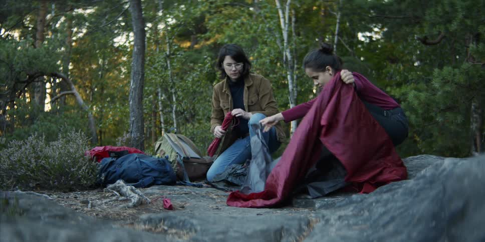 People set up camp on clear ground near woods