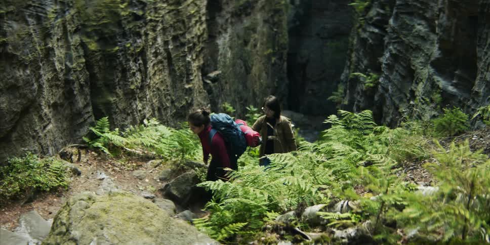 Two women are hiking through the wilderness