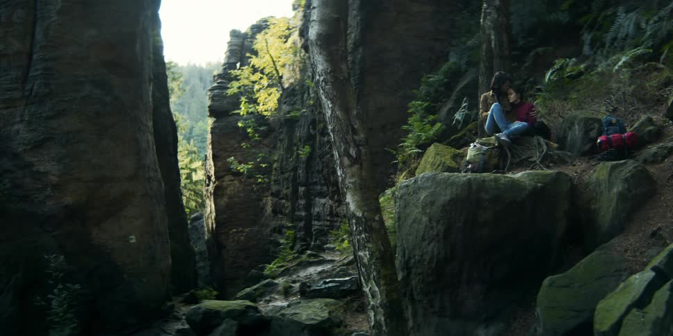 Couple sit on mountain slope against tree near mountain pass showing forested area