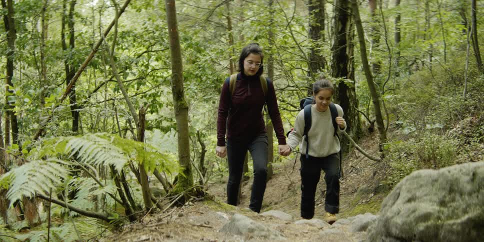 Two women hold hands hiking up the trail