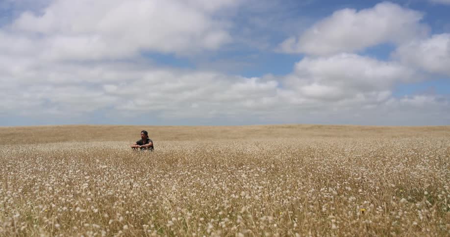 A man sitting in a field with flowers
