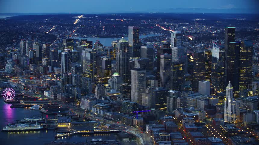Awesome blue hour shot of downtown Seattle skyscrapers and the Space Needle after the sun has set on a brilliant and clear evening