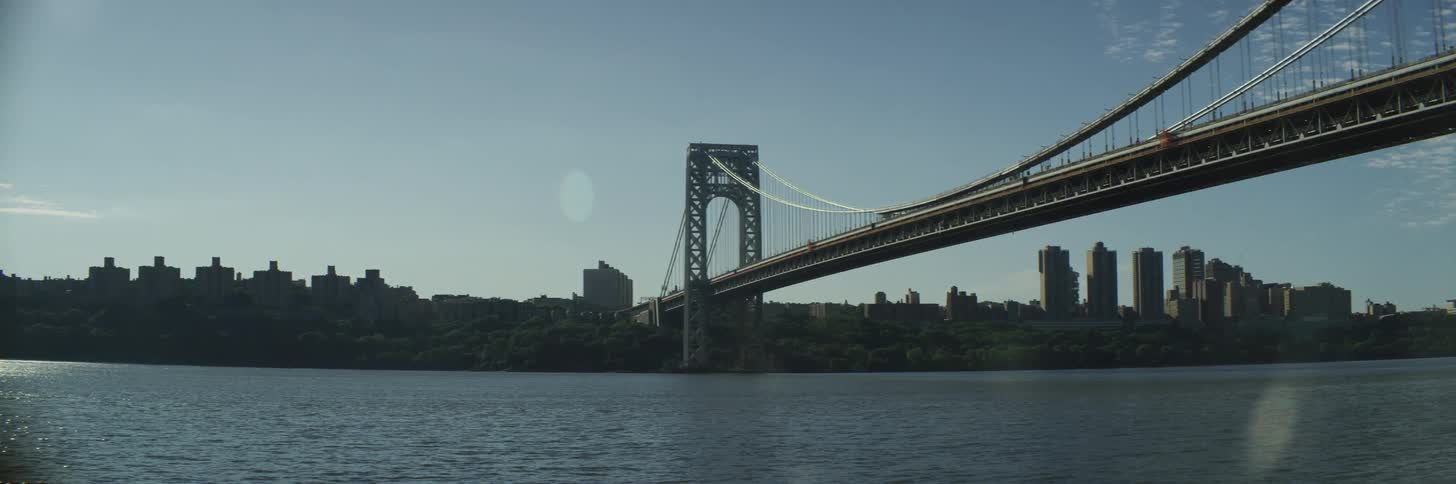 A large bridge spanning a river in a metropolis on a clear day