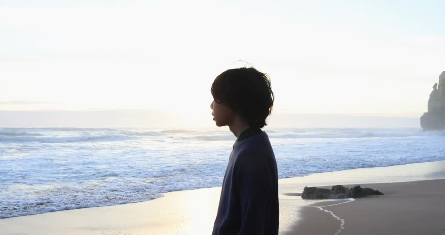 Youth stands on beach as waves roll onto beach
