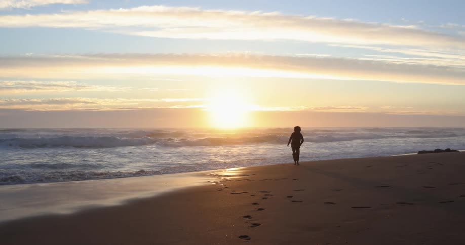 A person runs and walks on the shore as the sun sets