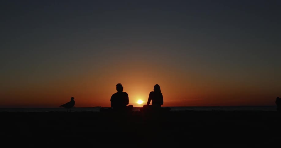 The silhouettes of a man and woman sitting together on a beach at sunset