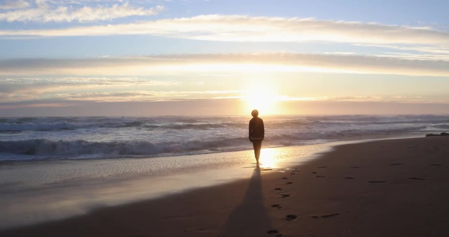 A person is walking on the beach at dusk