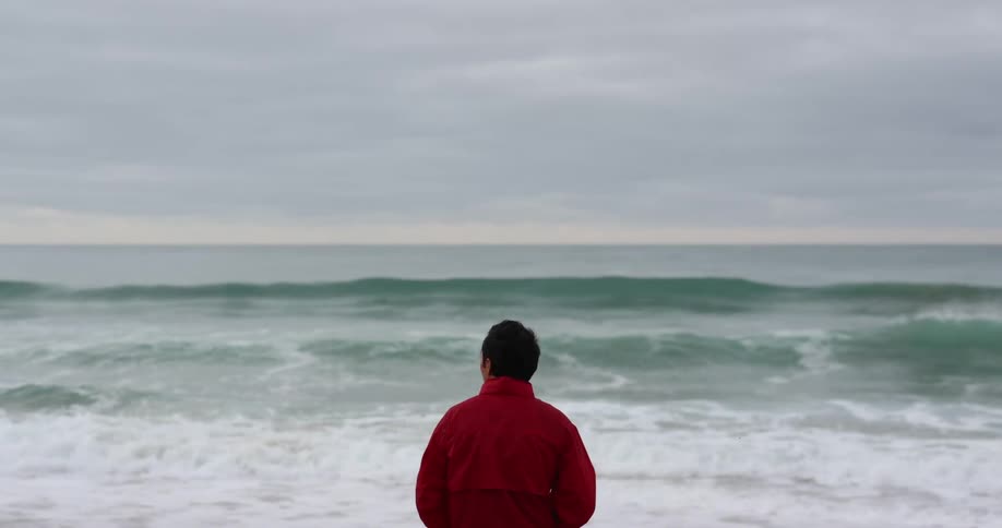 Man wearing a red jacket standing in the coast of a beach looking at the ocean