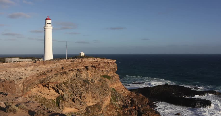Lighthouse standing on the edge of a cliff next to the ocean