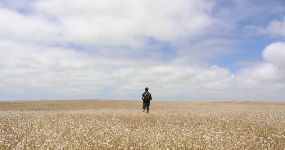 Man wearing backpack walking on the dry grass in a prairie on the countryside
