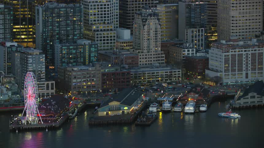 The Seattle Great Wheel in Pike Place Market on the waterfront of downtown Seattle in this beautiful Aerial of Seattle