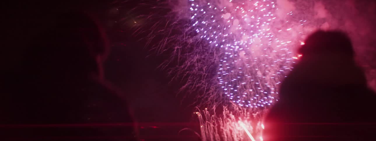 Colorful fireworks burst in the night sky as spectators look on from below