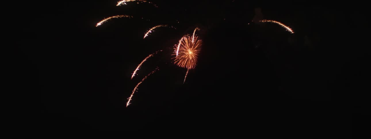 A person standing outside viewing fireworks in the night sky