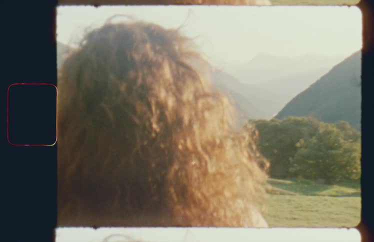 A woman standing in front of a screen door with trees and mountains in the foreground